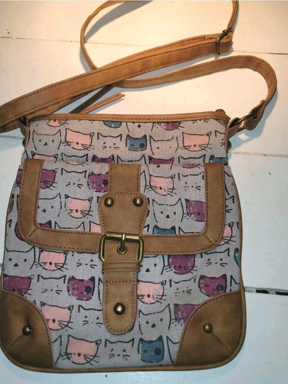 Cat Print Crossbody Bag in Pink and Tan